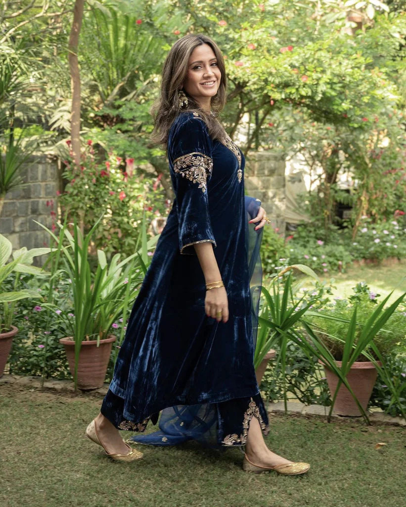 Pakistani Designer Embroidered Blue Velvet Kurta Palazzo Set