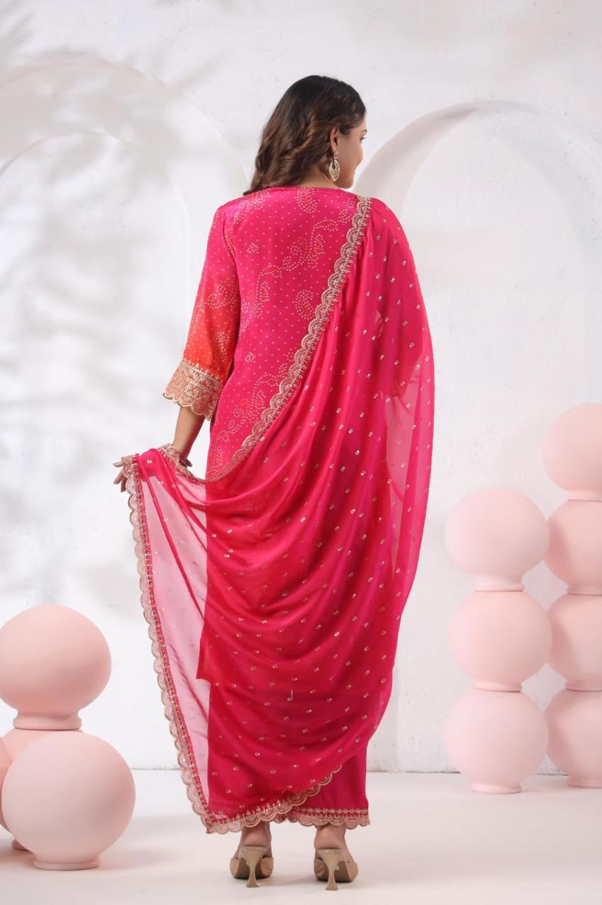 Back View of Pink Ombre Bandhani Chinon Silk Kurta Set Showing
Scalloped Zari Dupatta and Sleeve Detail — Jagranee Jaipur