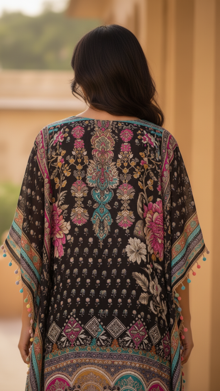 Back View Close-Up of Black Georgette Kaftan Showing Multicolour
Floral Mughal Print and Pom Pom Sleeve Trim — Jagranee Jaipur
