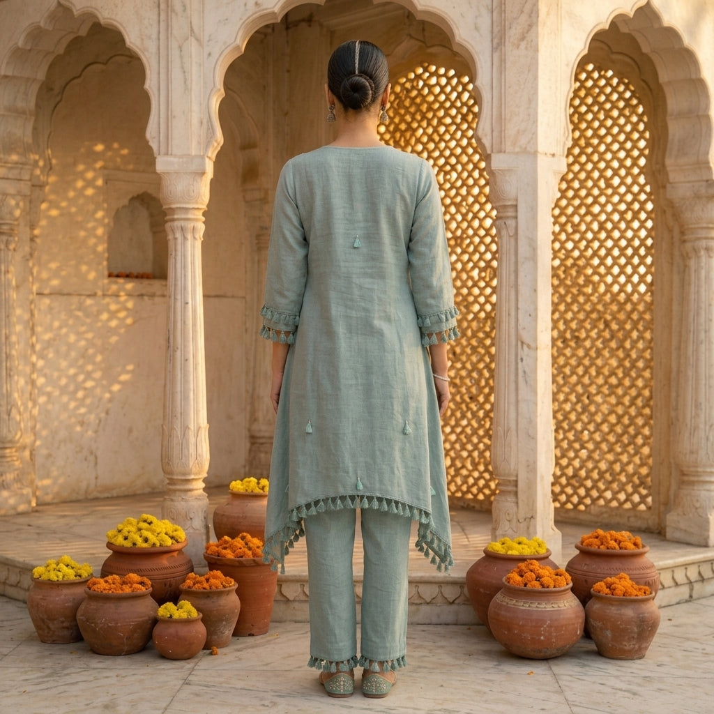 Back View of Teal Blooms Cotton Linen Co-ord Set Showing
Asymmetric Hem Tassel Fringe and Matching Pants — Jagranee Jaipur