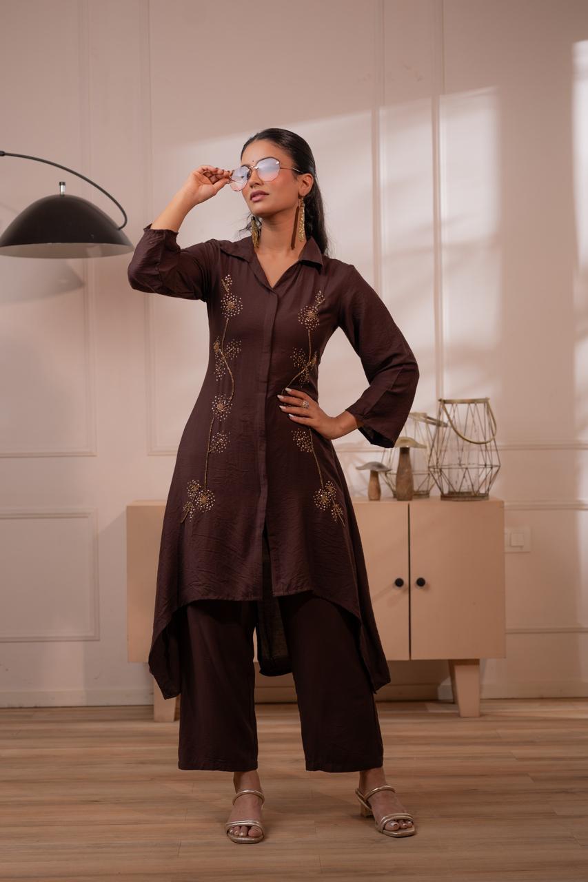 Confident pose in dark brown sequin dandelion embroidered high-low kurta set with palazzo pants and sunglasses - Jagranee
