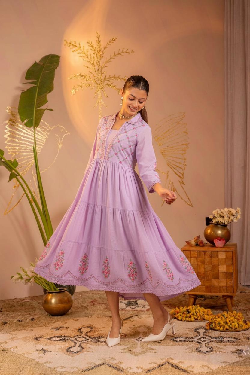 midi lavender tiered floral dress Embroidered Pure Cotton Color:Daylily Denim The perfect guest knows notpreorder Zapaka Women Strapless Graduation