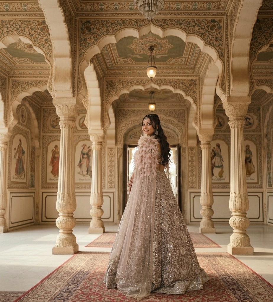 Bride wearing Jagranee Signature ivory bridal lehenga with feather shrug 
from behind, showing full flair silhouette and embroidered dupatta drape