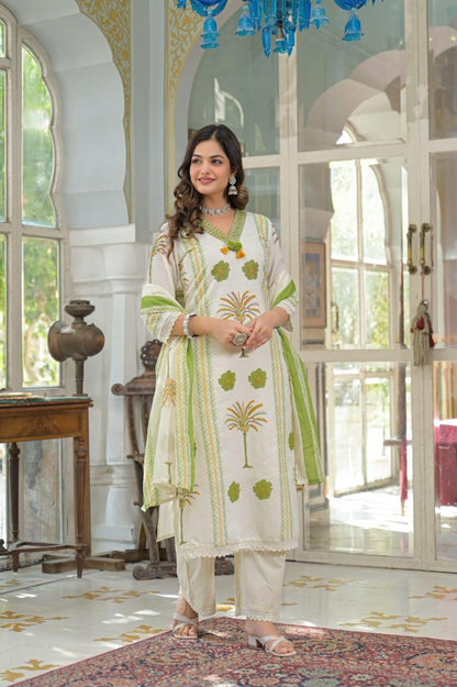Ivory Palm Garden Block Print Kurta with Ivory Palazzo Pants and Sage 
Green Dupatta — Elegant Full Silhouette — Jagranee Jaipur