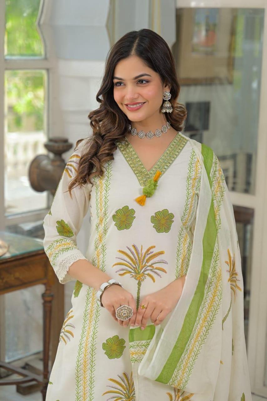 Ivory Block Print Kurta Set with Sage Green Dupatta Drape — Portrait 
View Showing Gota Patti Neckline and Floral Palm Motifs — Jagranee Jaipur