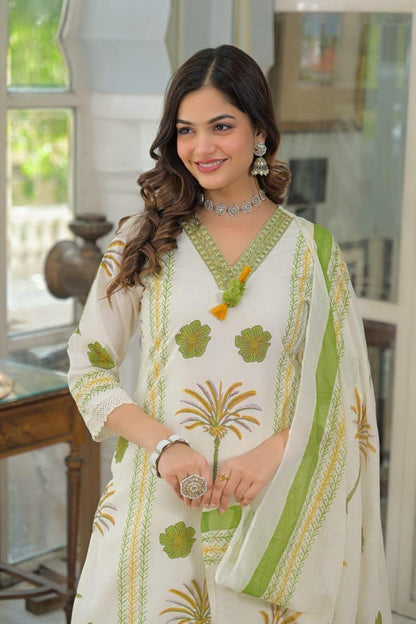 Ivory Block Print Kurta Set with Sage Green Dupatta Drape — Portrait 
View Showing Gota Patti Neckline and Floral Palm Motifs — Jagranee Jaipur