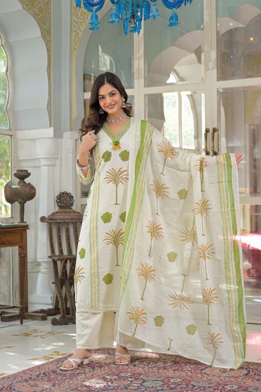 Ivory Hand Block Print Pure Cotton Kurta Set with Sage Green Bordered 
Dupatta — Full Length Front View — Jagranee Jaipur