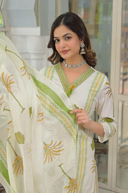 Close-Up of Hand Block Print Ivory Dupatta with Sage Green Border and 
Floral Palm Motifs — Ivory Palm Garden Kurta Set — Jagranee Jaipur