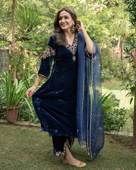 Pakistani Designer Embroidered Blue Velvet Kurta Palazzo Set