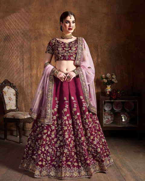 Maroon Sequins Silk Bridal Lehenga Choli With Pink Dupatta