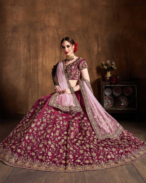 Maroon Sequins Silk Bridal Lehenga Choli With Pink Dupatta