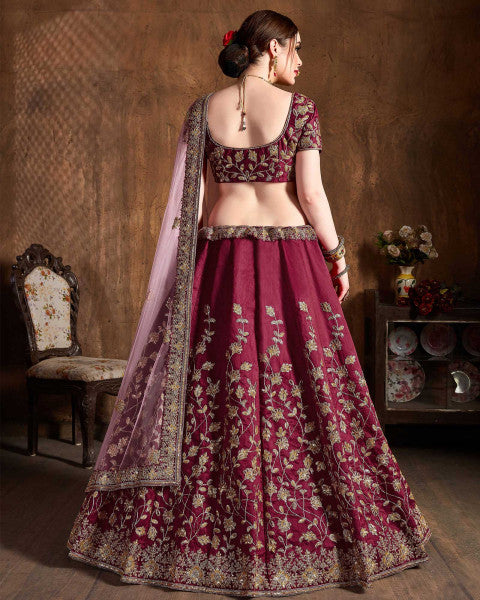 Maroon Sequins Silk Bridal Lehenga Choli With Pink Dupatta