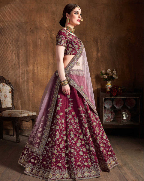 Maroon Sequins Silk Bridal Lehenga Choli With Pink Dupatta