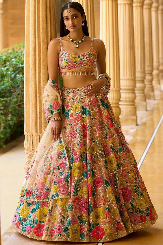 Multi-Color Sequence Embroidery Work Net Lehenga Choli