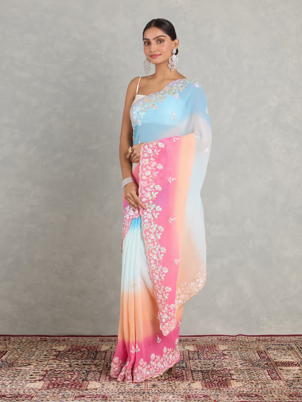 Multicolor Pink Blue Ombre Georgette Embroidered Party Saree