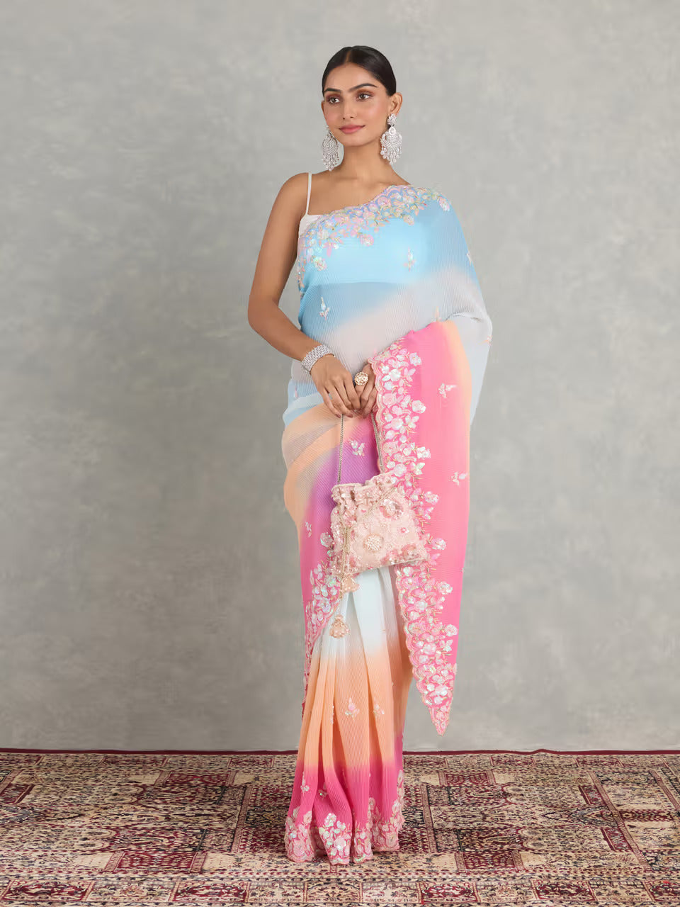 Multicolor Pink Blue Ombre Georgette Embroidered Party Saree