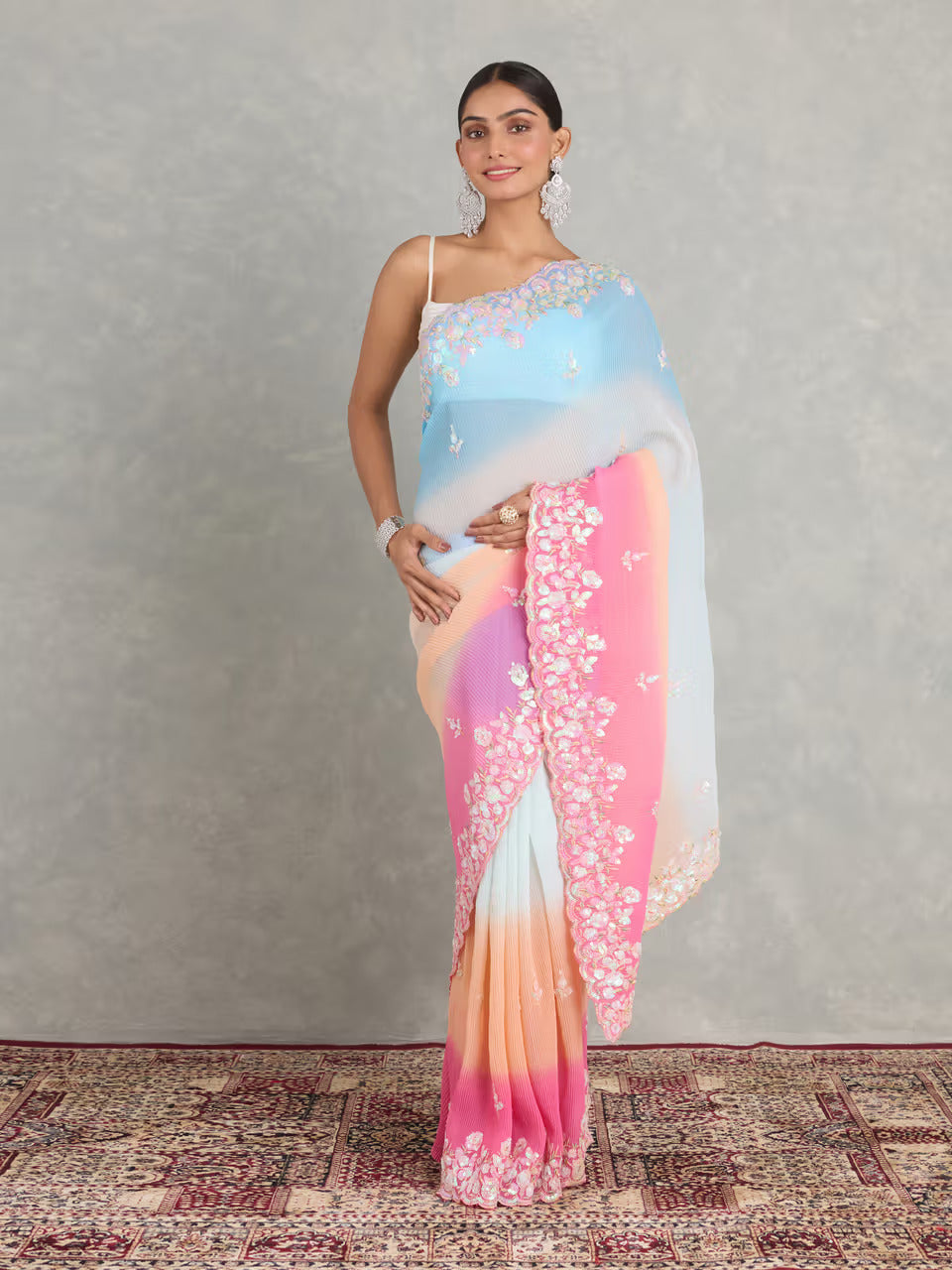 Multicolor Pink Blue Ombre Georgette Embroidered Party Saree