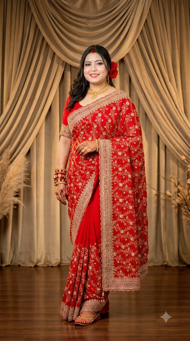 A woman modeling a red and gold embroidered traditional Indian saree in front of a beige draped curtain backdrop.