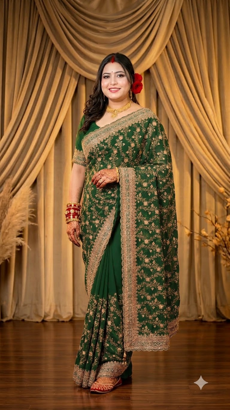 A woman modeling a dark green saree with intricate gold floral embroidery and a wide gold border, posed in front of draped beige curtains.