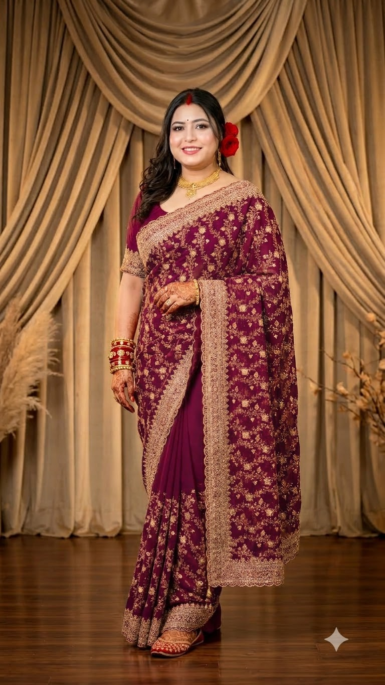 A woman modeling a traditional Indian saree with a deep purple body, heavily embroidered with gold floral patterns, and a wide beige border, set against a draped beige curtain backdrop.