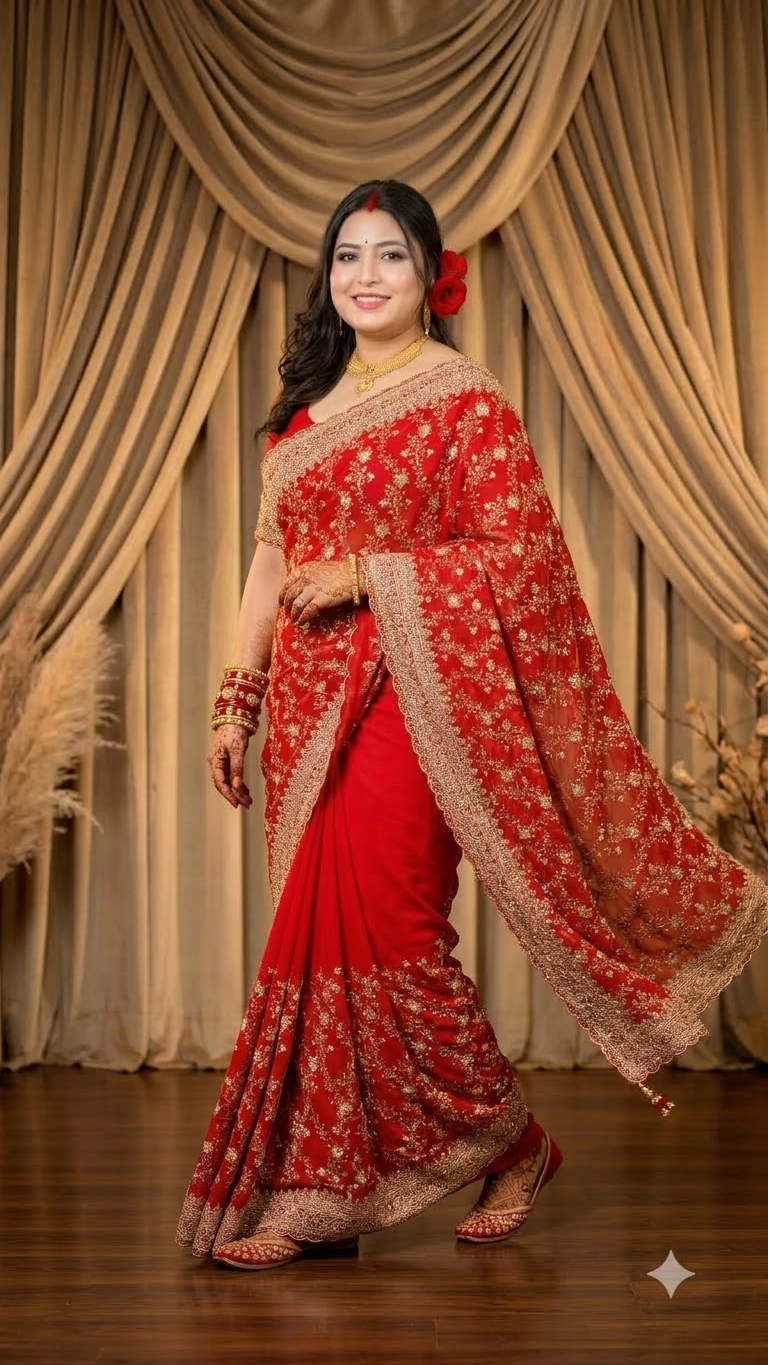 A woman modeling a red and gold heavily embroidered traditional Indian saree in front of draped beige curtains.