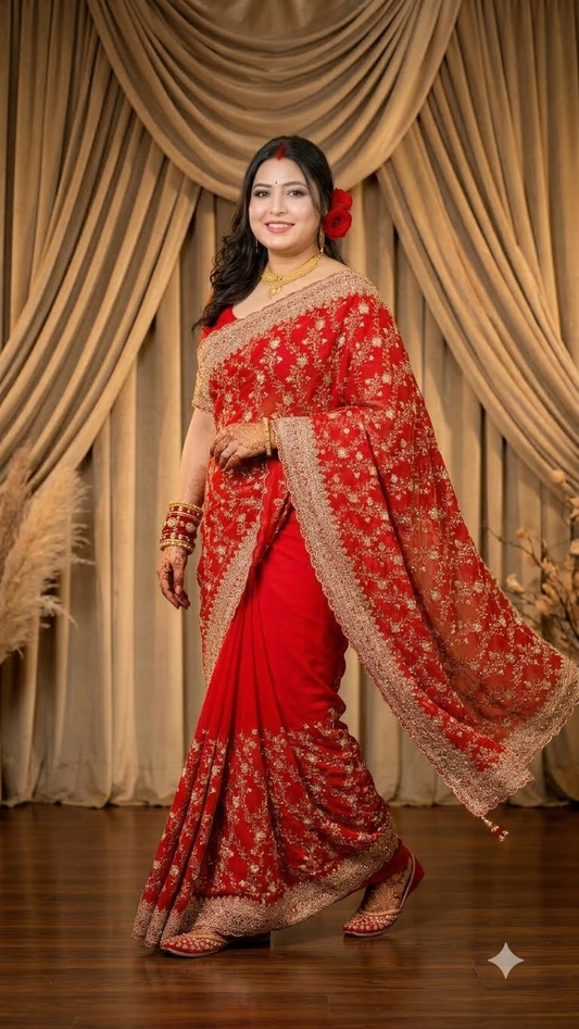 A woman modeling a red and gold heavily embroidered traditional Indian saree in front of draped beige curtains.