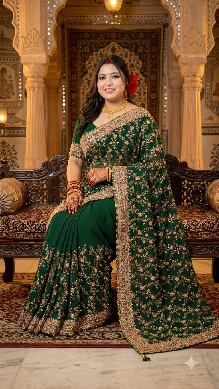 A woman wearing a dark green saree with intricate gold floral embroidery and a wide gold border, seated on a traditional carved bench in an ornate indoor setting.