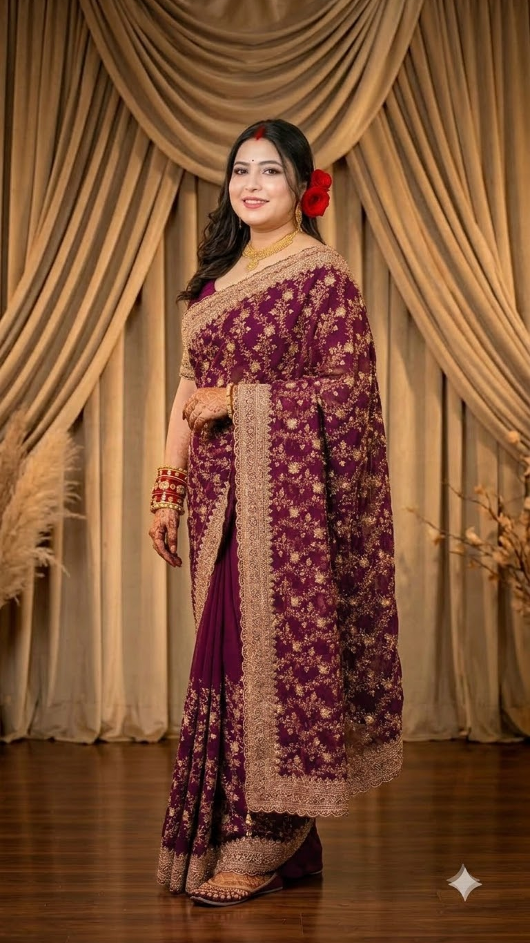 A woman modeling a traditional Indian saree with a deep purple body and a heavily embroidered gold border and pallu, posed in front of draped beige curtains.