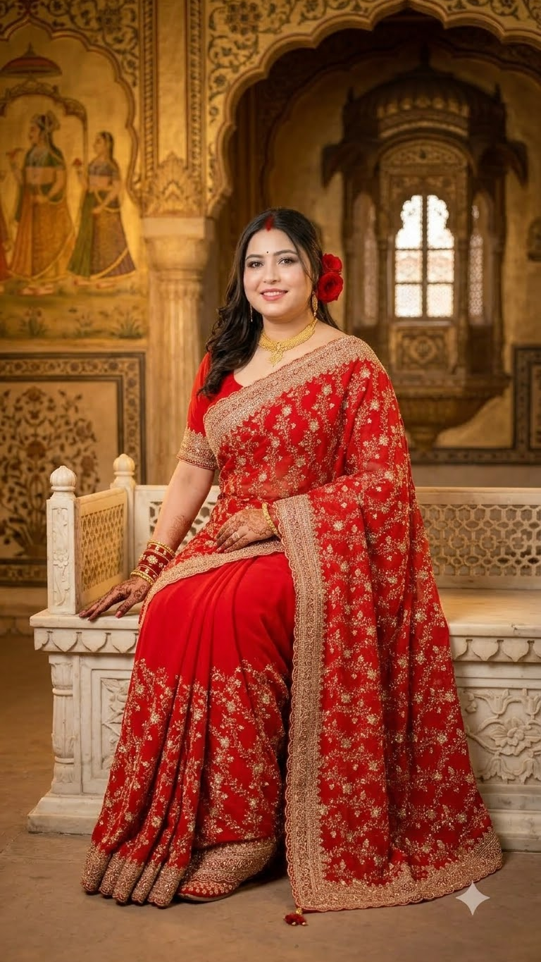 A woman wearing a red and gold embroidered traditional Indian saree sits on a carved stone bench in an ornate historical interior with arches and painted walls.
