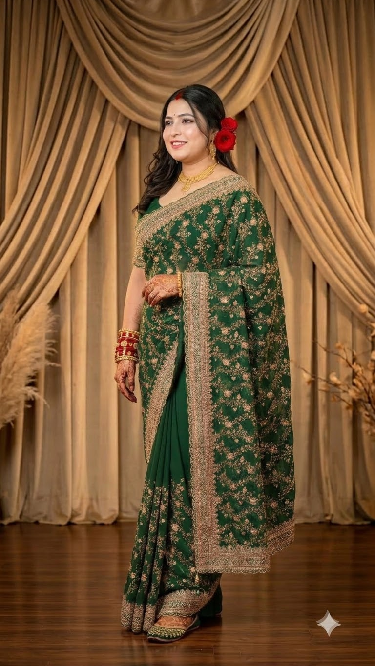 A woman models a dark green traditional Indian saree with intricate gold floral embroidery and a wide gold border, set against a backdrop of draped beige curtains.