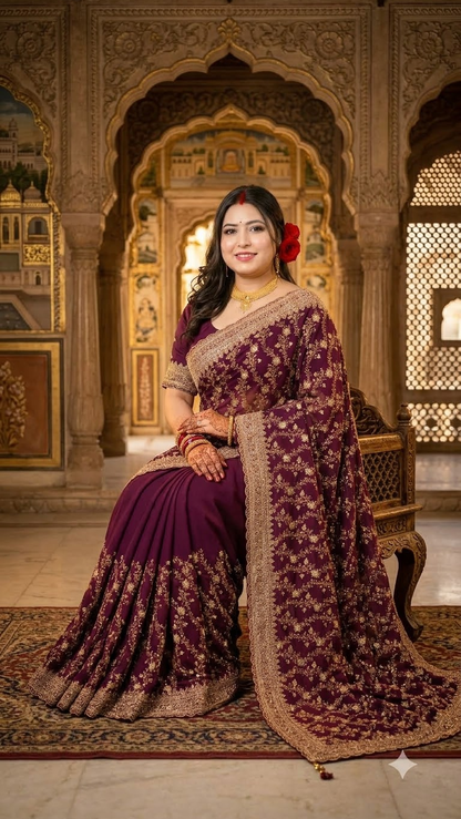 A woman wearing an ornate deep purple and gold embroidered traditional sari sits on a carved wooden chair inside a richly decorated architectural hall with arches and intricate wall details.