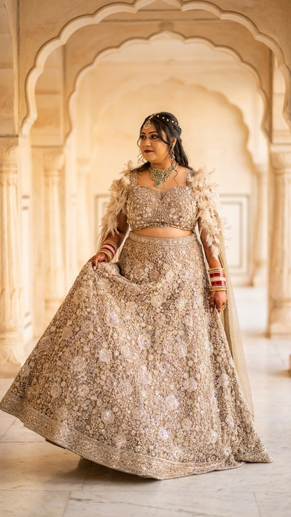Close-up of Jagranee ivory bridal choli with white feather cape sleeves and 
dense silver zari sequin embroidery on premium net fabric