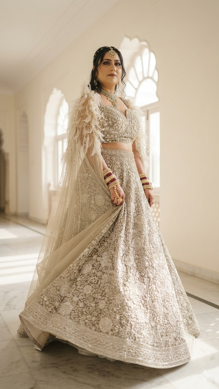 Jagranee bridal net dupatta with hand-embroidered silver zari border, 
part of ivory heritage lehenga set for Indian weddings and receptions