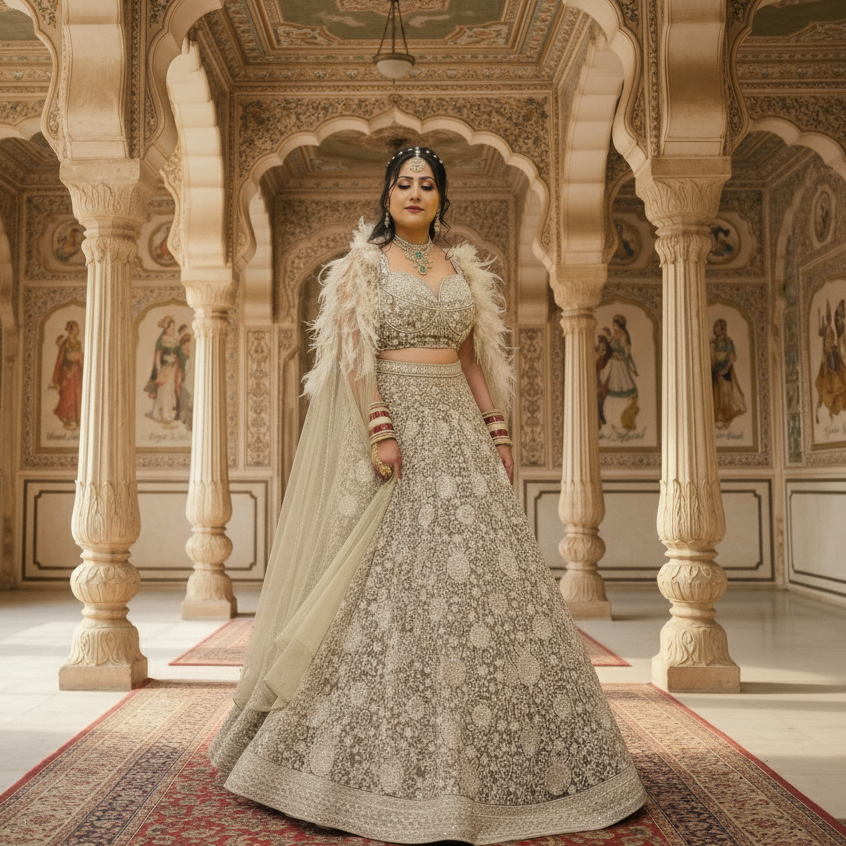 Woman in traditional outfit standing in an ornate room with intricate architecture