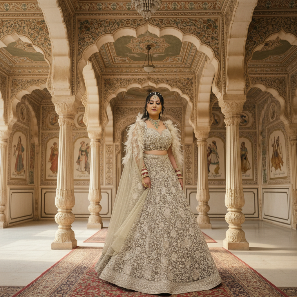 Jagranee Signature Ivory Heritage Bridal Lehenga Set with feather cape choli and net dupatta, 
fully flared heavy zari embroidery, photographed in royal Rajasthani palace setting