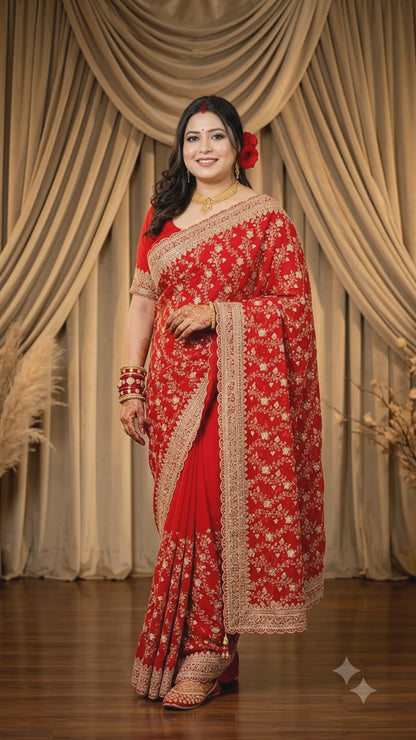 Front view of red georgette saree with gold floral zardozi jaal and scalloped zari border, studio backdrop - Jagranee