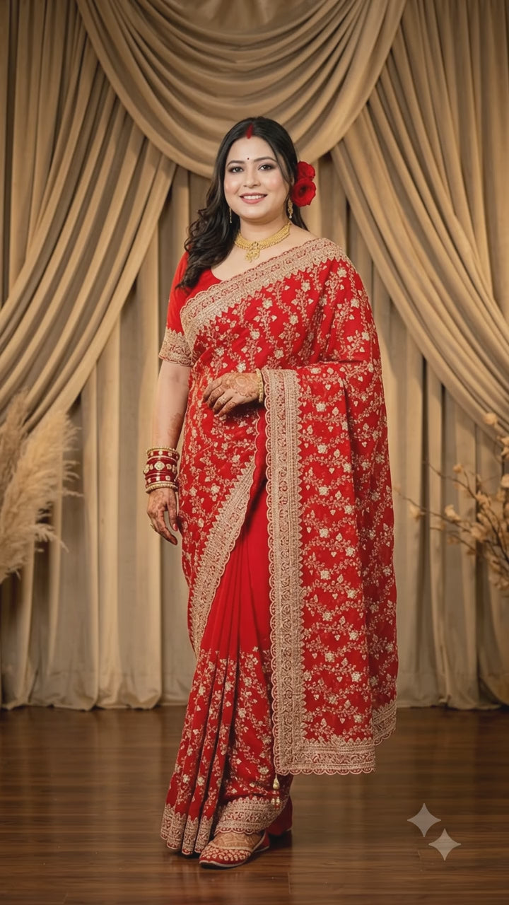 Front view of red georgette saree with gold floral zardozi jaal and scalloped zari border, studio backdrop - Jagranee