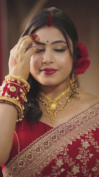 Red Floral Zardozi Embroidered Georgette Bridal Saree with Scalloped Zari Border