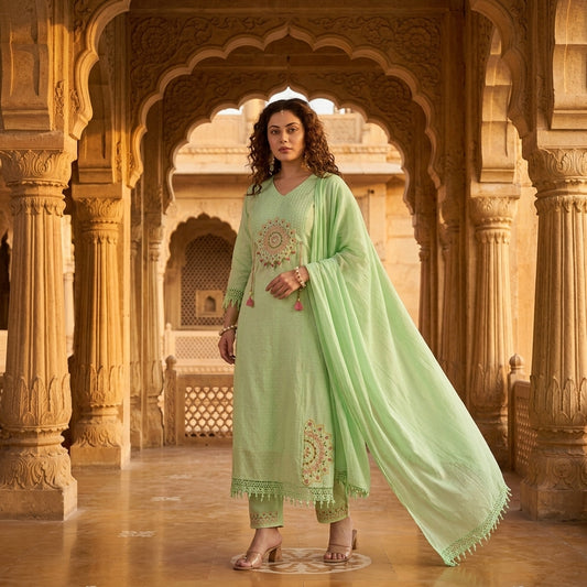 Woman wearing mint green cotton straight kurta set with mandala mirror work and crochet lace dupatta in Rajasthani palace corridor - Jagranee