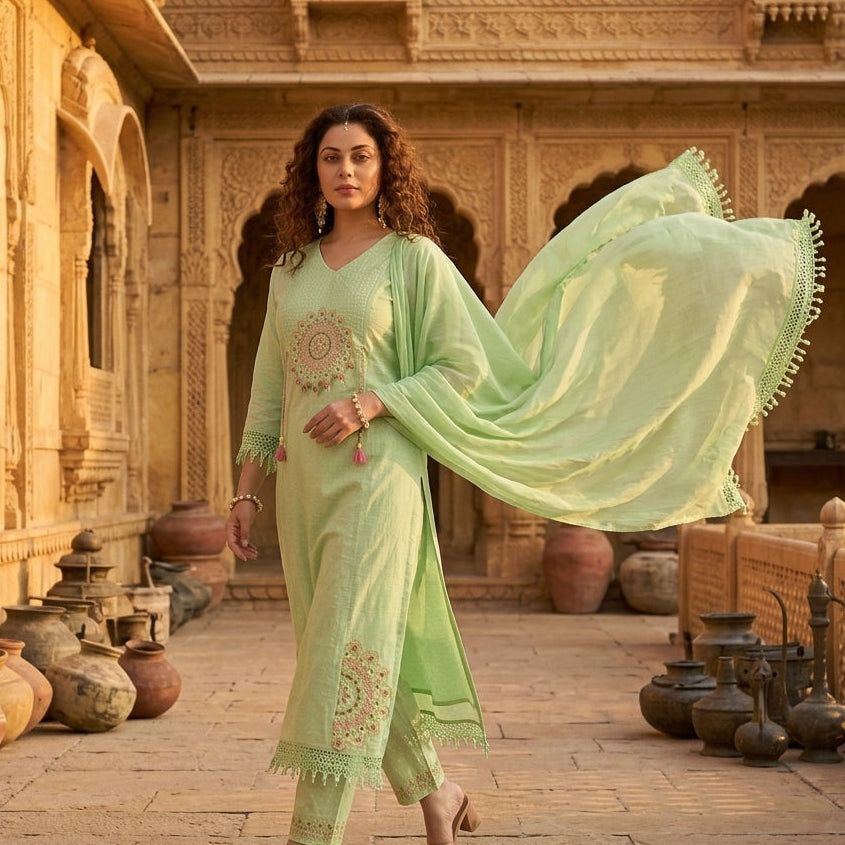 Mint green mandala embroidered cotton kurta set with crochet lace dupatta flowing in breeze, palace courtyard with terracotta pots - Jagranee