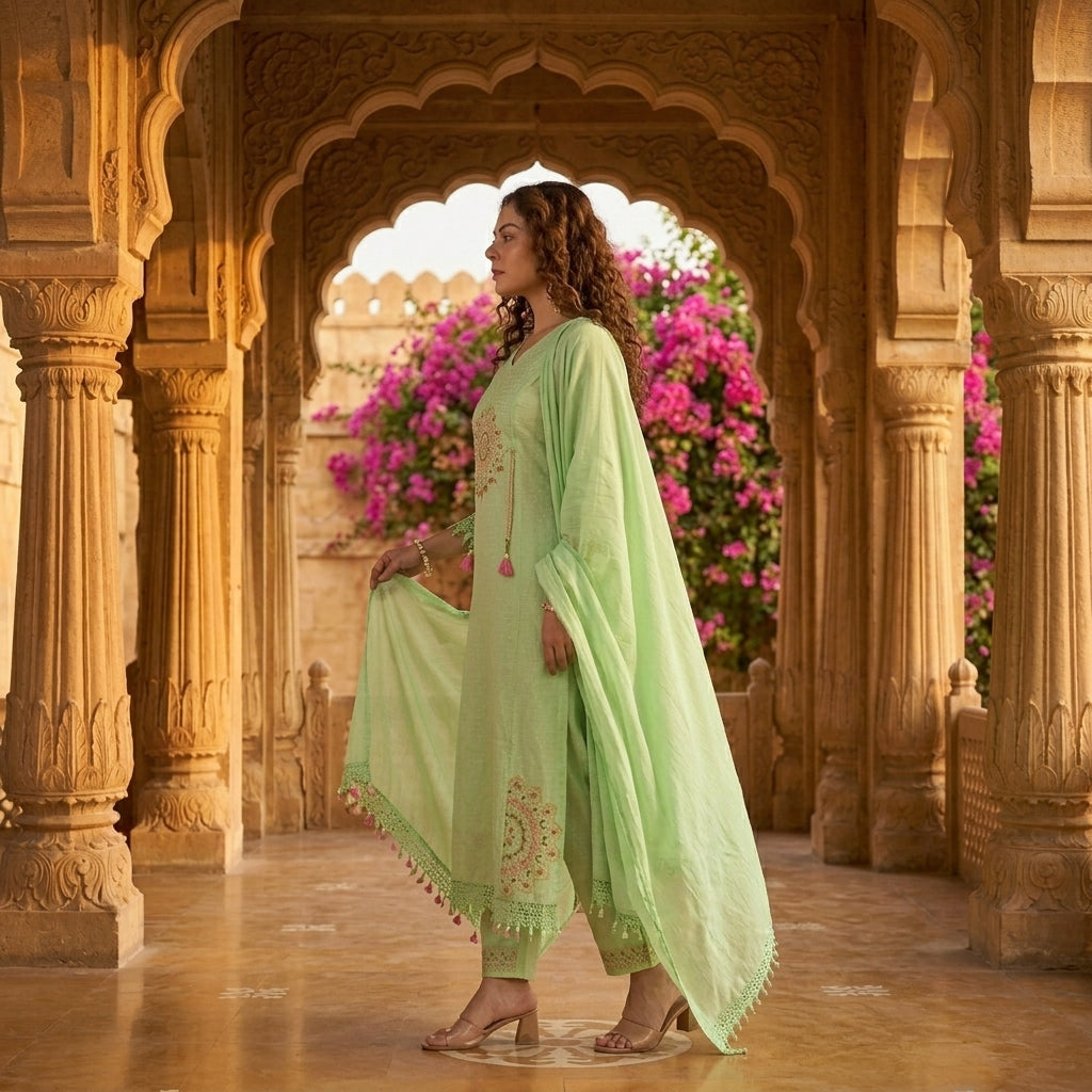 Side profile of mint green cotton kurta set with mandala mirror work and pink tassels, bougainvillea and palace arches background - Jagranee