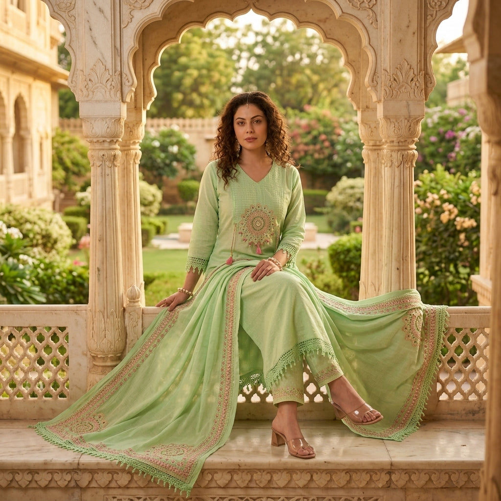 Woman sitting in palace garden wearing mint green cotton kurta set with mandala embroidery and crochet lace dupatta spread elegantly - Jagranee