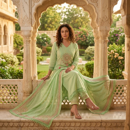 Woman sitting in palace garden wearing mint green cotton kurta set with mandala embroidery and crochet lace dupatta spread elegantly - Jagranee