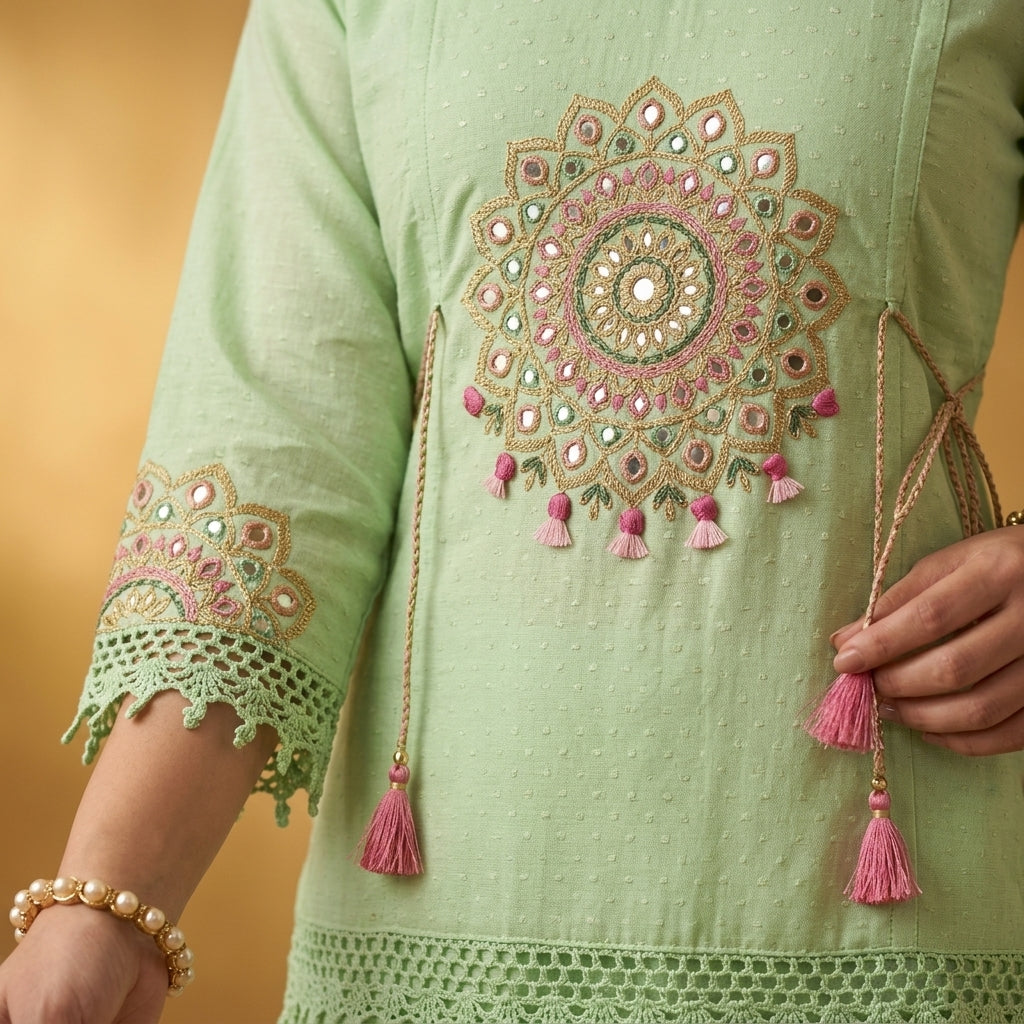 Close-up detail of mandala mirror work embroidery with pink tassels and crochet lace cuffs on mint green cotton kurta - Jagranee