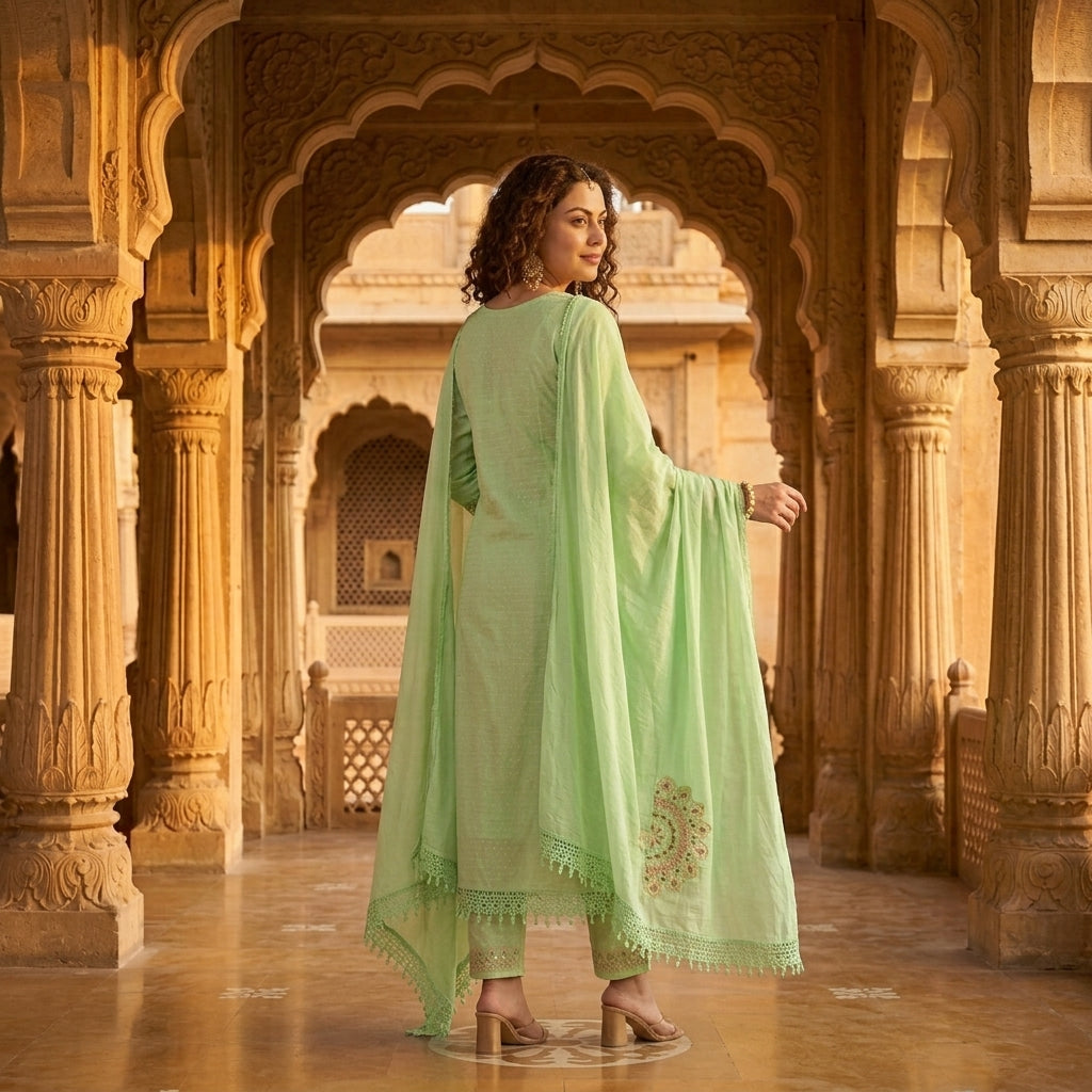 Back view of mint green cotton kurta set showcasing crochet lace hemline and mandala embroidered dupatta in palace setting - Jagranee