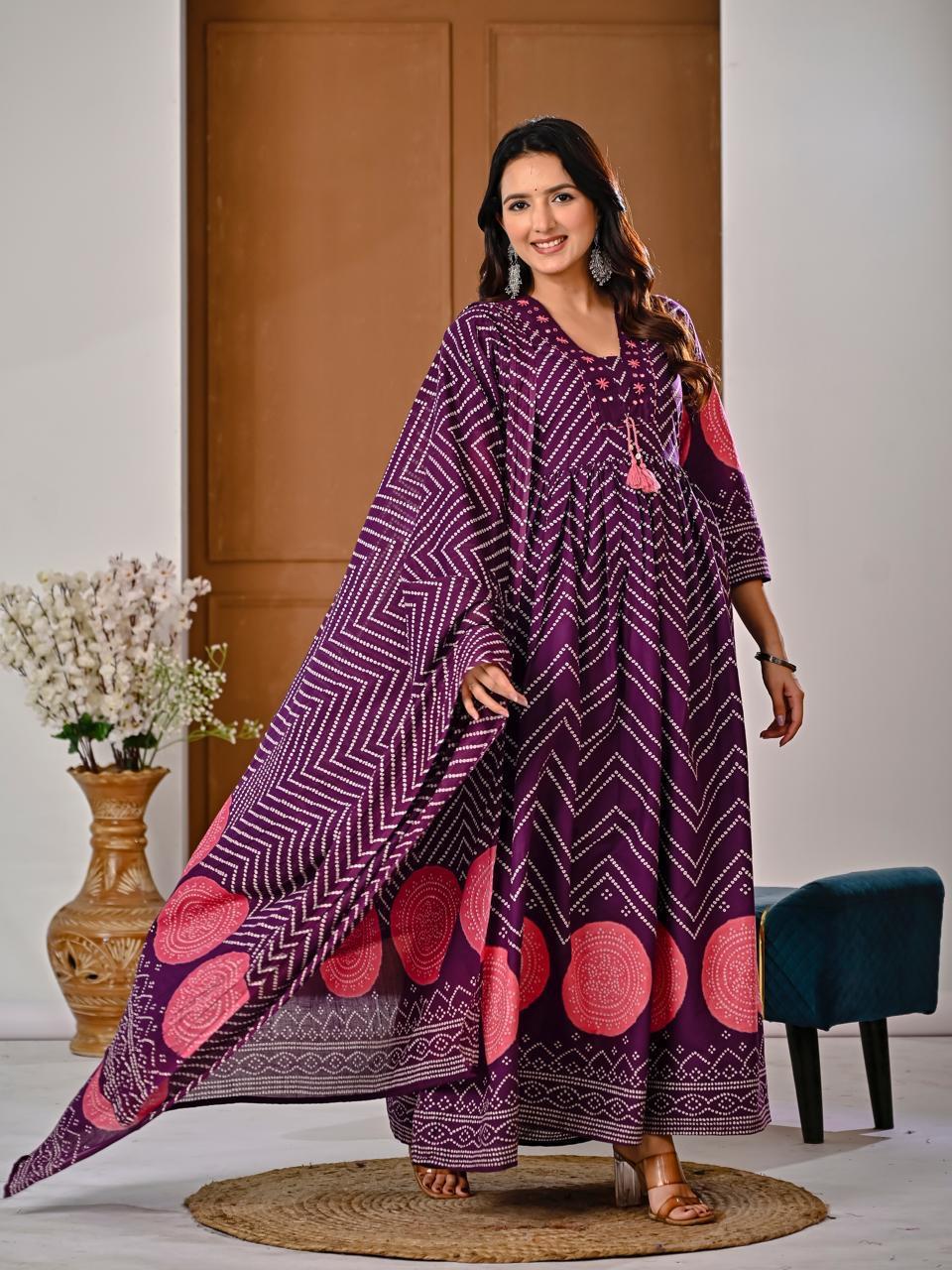 Purple Bandhani Chevron Anarkali Kurta Set with Coral Pink Dupatta — 
Full Length Front View — Jagranee Jaipur