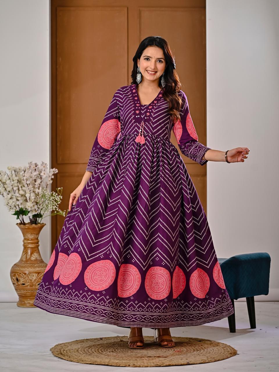 Purple Bandhani Chevron Fully Flared Anarkali Kurta with Coral Pink 
Circular Hem Motifs — Jagranee Jaipur