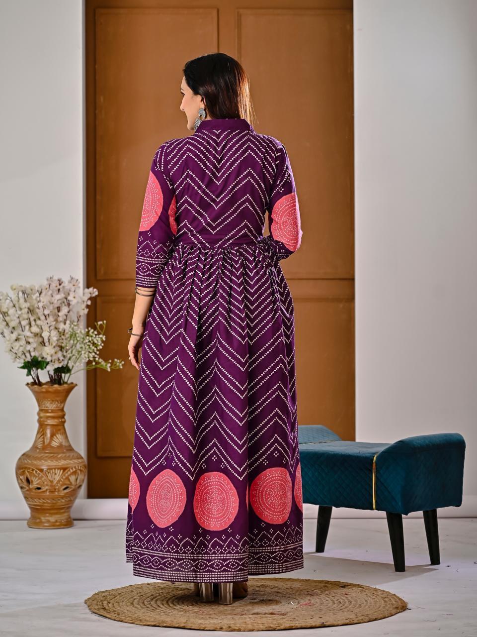 Back View of Purple Bandhani Chevron Anarkali Kurta Set Showing 
Smocked Waist and Full Flared Hem — Jagranee Jaipur