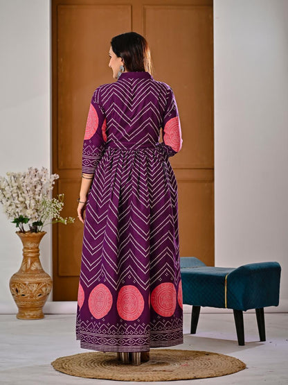 Back View of Purple Bandhani Chevron Anarkali Kurta Set Showing 
Smocked Waist and Full Flared Hem — Jagranee Jaipur
