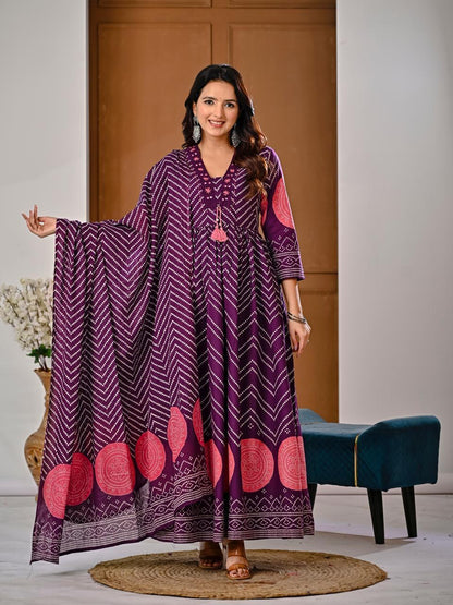 Purple Bandhani Anarkali Set with Flowing Dupatta — Festive Full 
Length Side View — Jagranee Jaipur